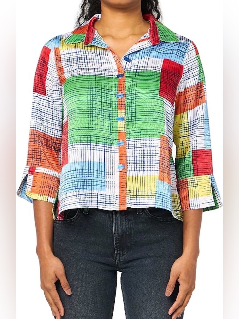 NEW Petite Sz PL MULTIPLES Turn-up Cuff 3/4 Sleeve Button Front Blouse Multi $79